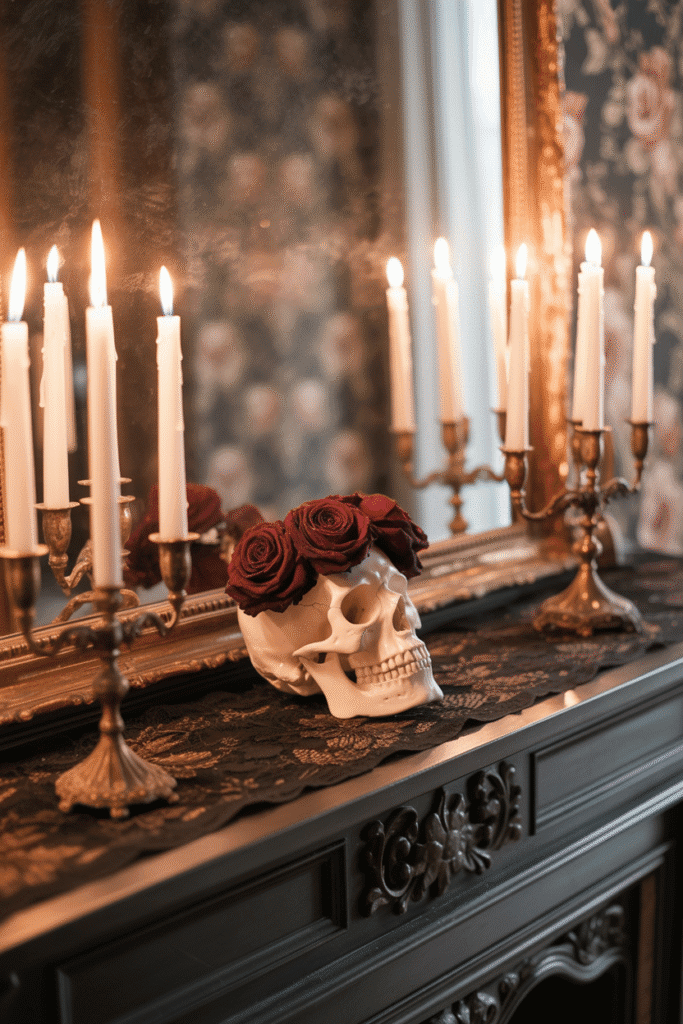 Gothic Halloween mantel with vintage-style dark decor.