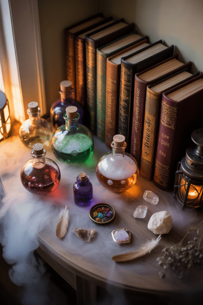Witch-themed Halloween potion bar with spooky ingredients and bottles.