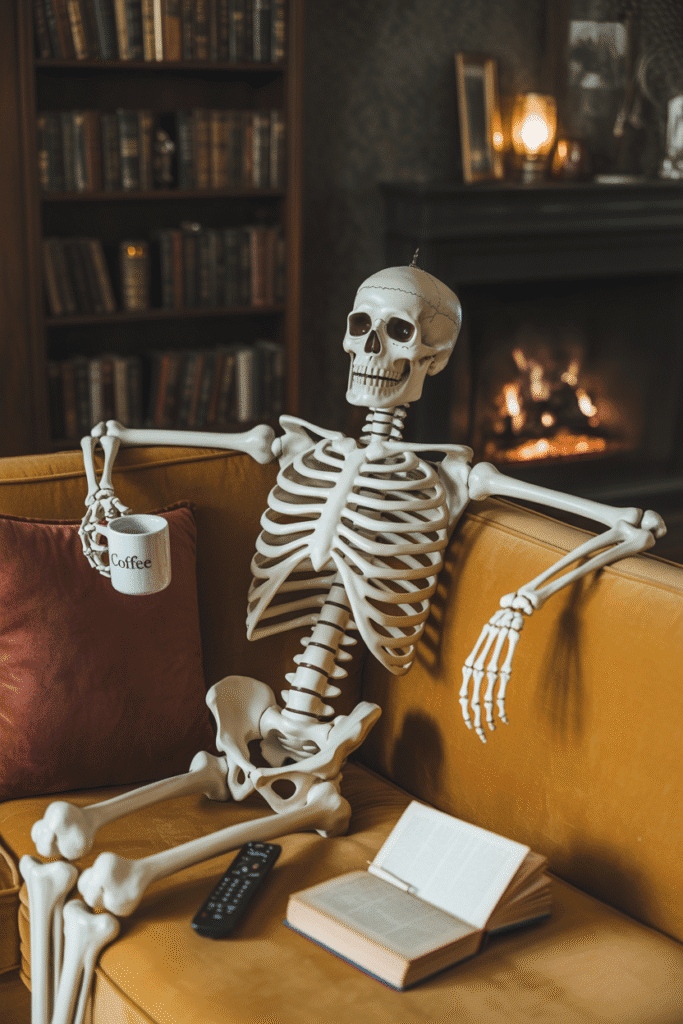 Funny Halloween skeleton staged in a living room scene.