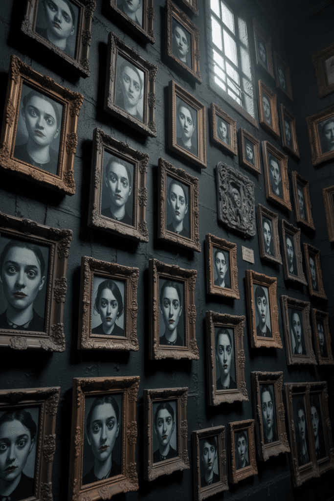 Haunted Halloween gallery wall with creepy vintage photos.