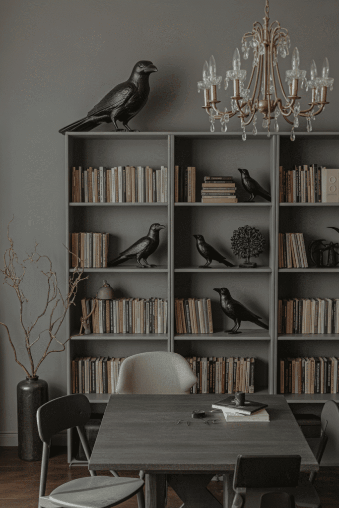 Halloween decor with ravens and crows creating eerie gothic vibes.