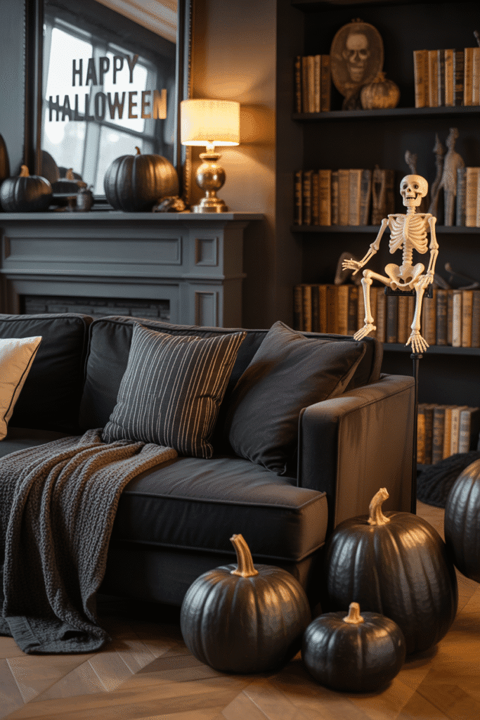 Modern Halloween decor with a black-and-white color scheme.