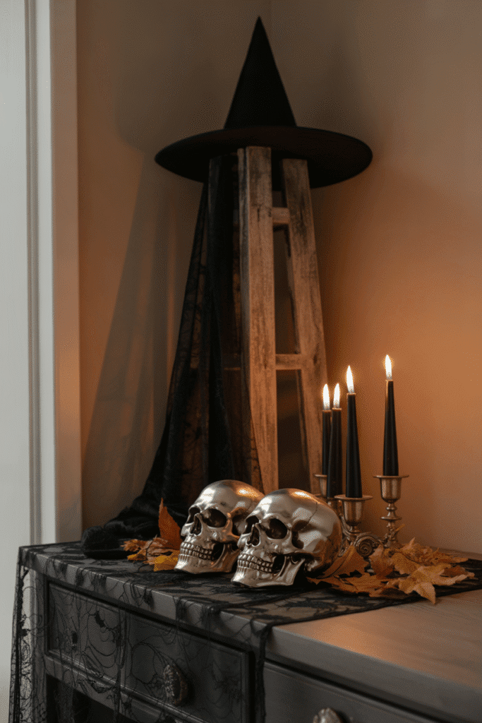 Elegant Halloween entry table with moody gothic styling.