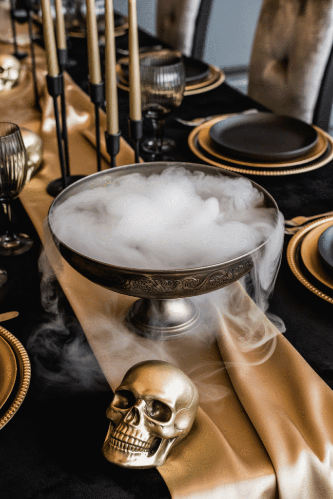 Spooky Halloween dining table styled with a haunted centerpiece.