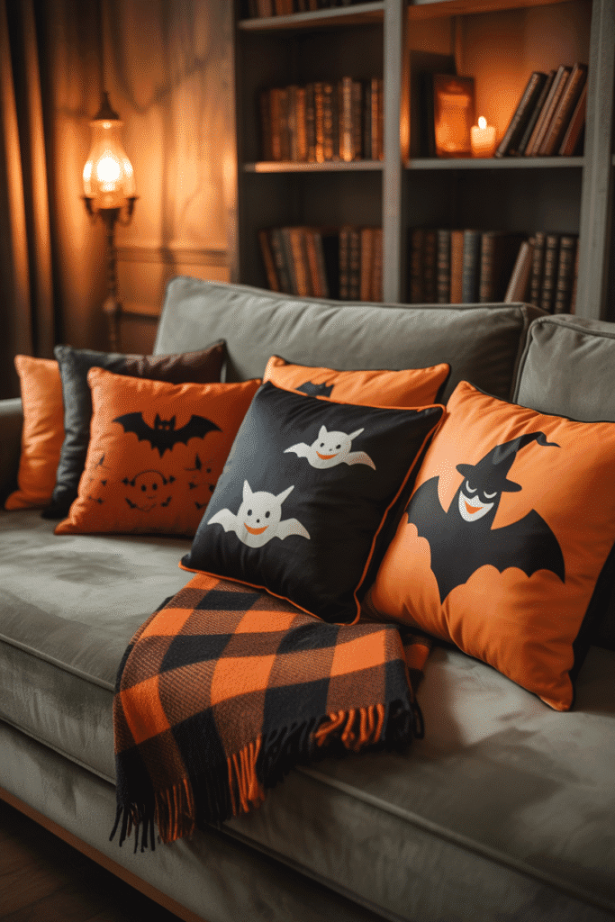 Cozy Halloween living room with themed pillows and fall blankets.
