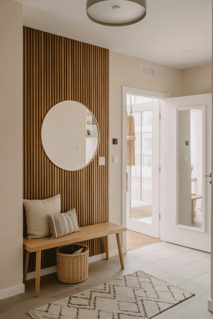 Vertical wood slats add natural warmth and texture to a clean, modern entryway.