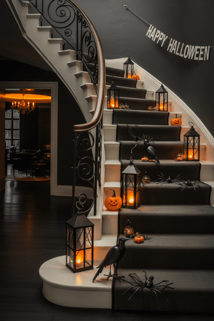 Halloween staircase with pumpkins, lanterns, and spooky accents.