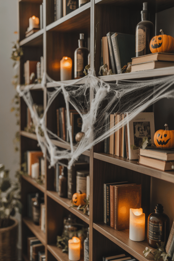 Spooky Halloween bookshelf styled as a haunted library.