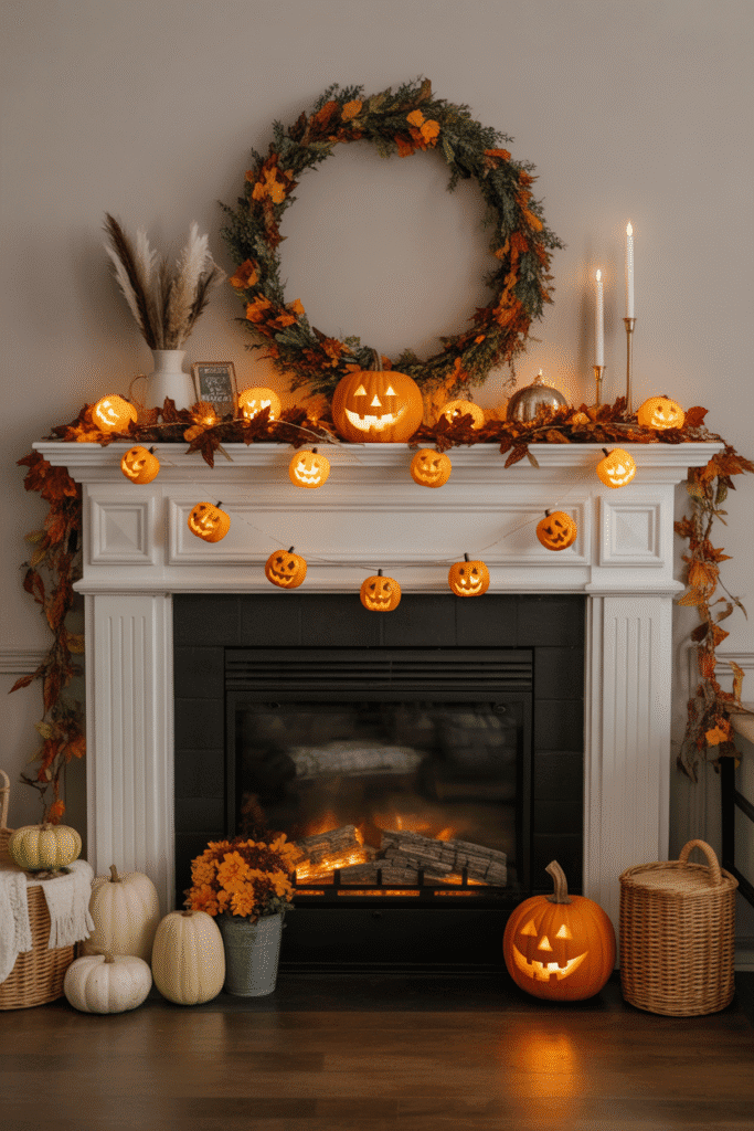Halloween string lights shaped like jack-o’-lanterns for a festive glow.