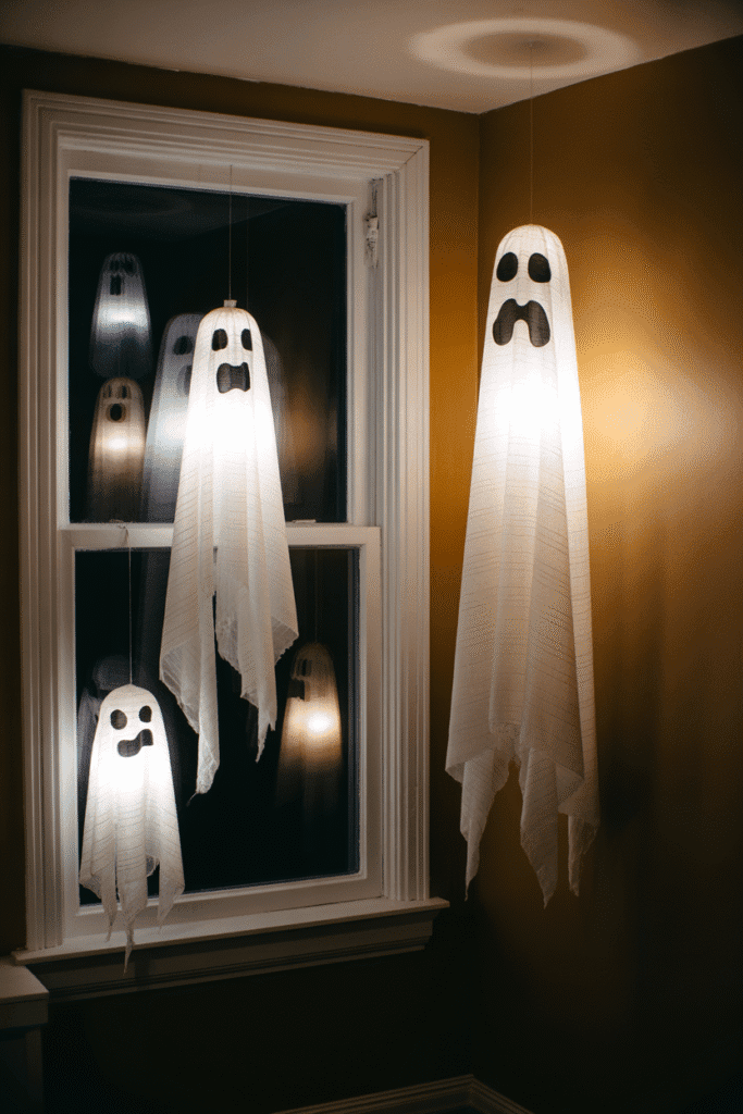Floating Halloween ghosts adding eerie movement indoors.