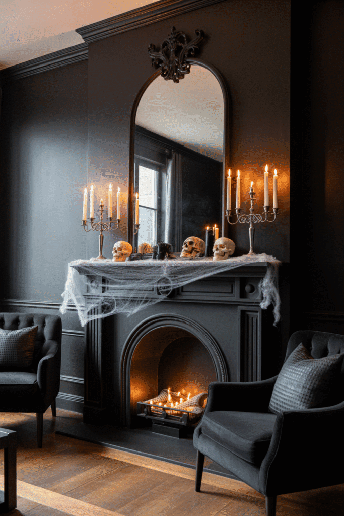 Gothic Halloween living room with a styled fireplace mantel, candles, and cobwebs.