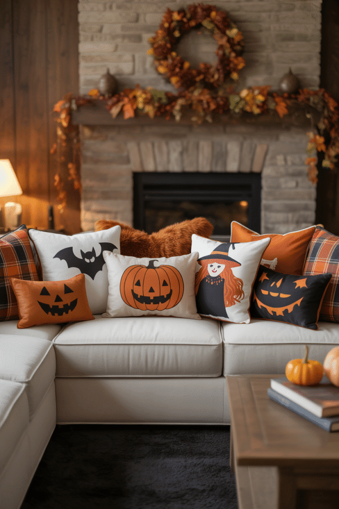 Living room sofa decorated with Halloween-themed throw pillows.