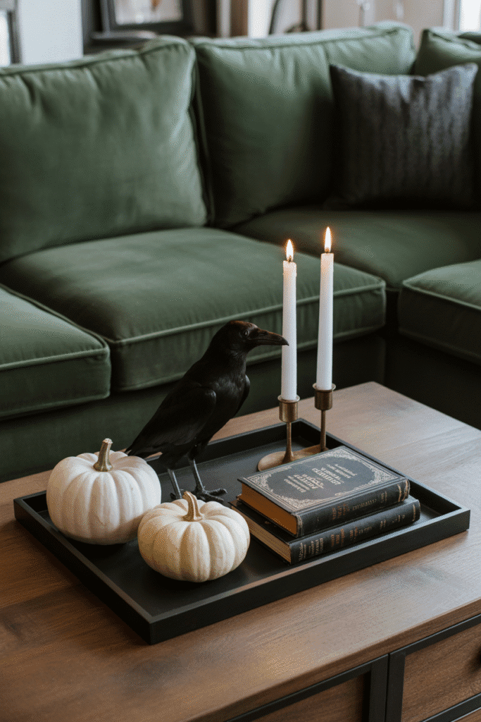 Halloween coffee table decor with pumpkins, candles, and dark accents.