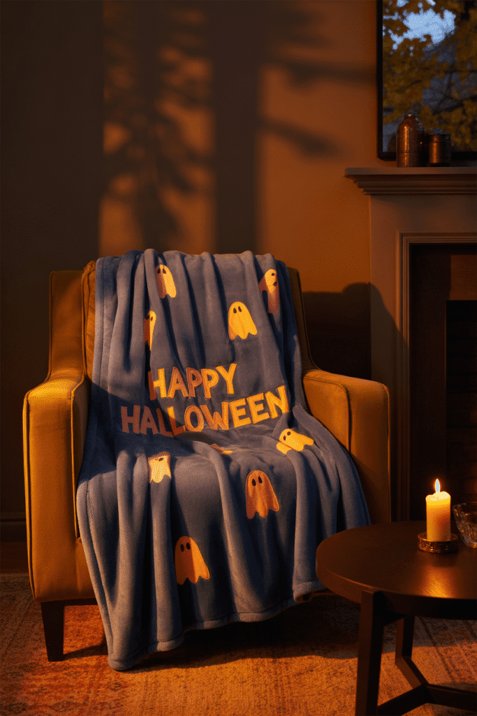 Halloween throw blanket draped over a living room sofa with seasonal accents.