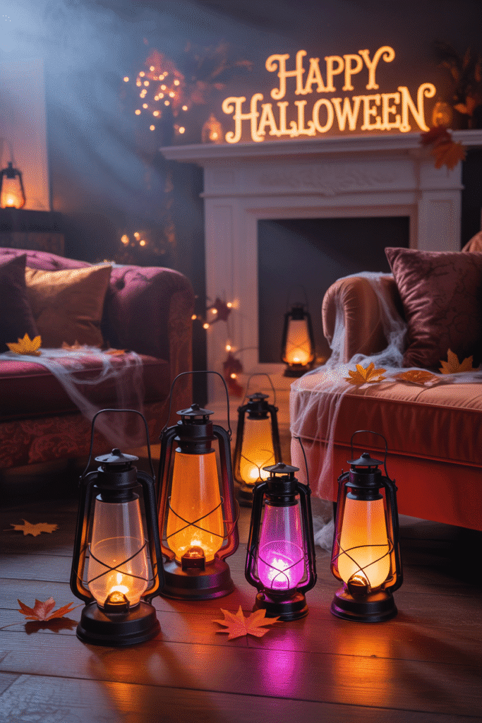 Halloween lanterns adding cozy ambient lighting to the living room.