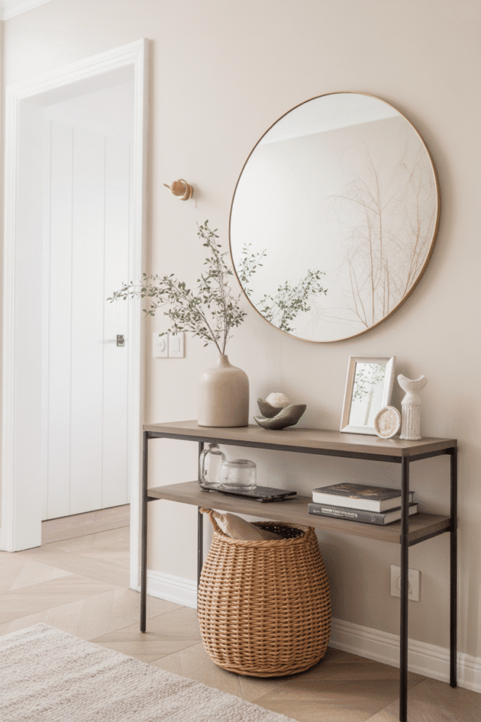 Oversized mirror on an accent wall reflects light and adds function to the entry space.