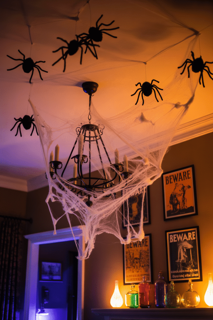 Living room decorated with spider webs and spooky decor.