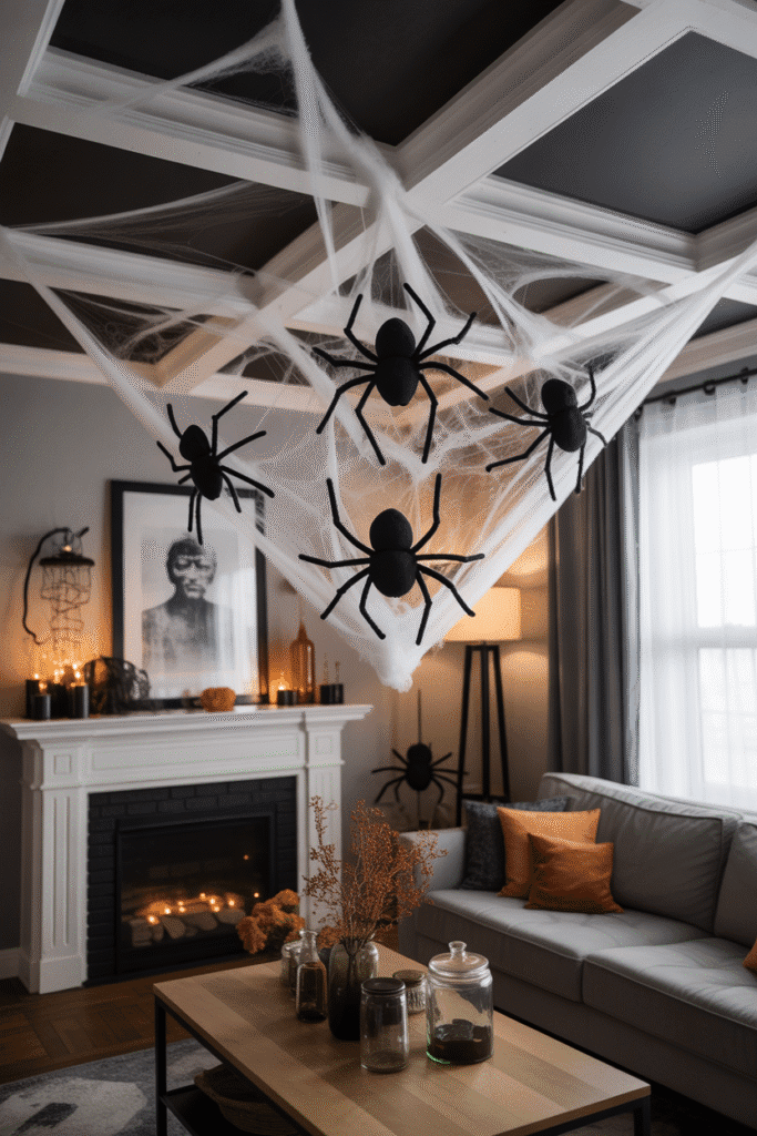 Living room decorated with spider webs and spooky decor.