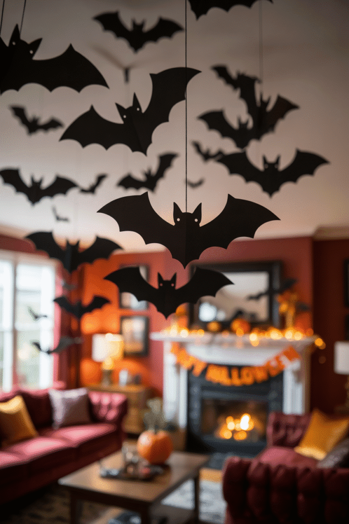 Halloween-themed living room with hanging bats and floating ghosts.