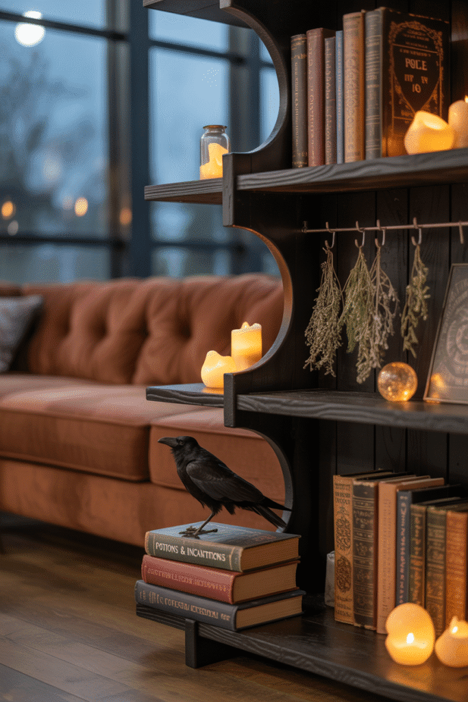 Halloween living room bookshelf styled with witchy decorations and potions.