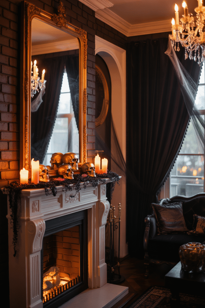 Living room with dramatic black curtains and Halloween gothic flair.