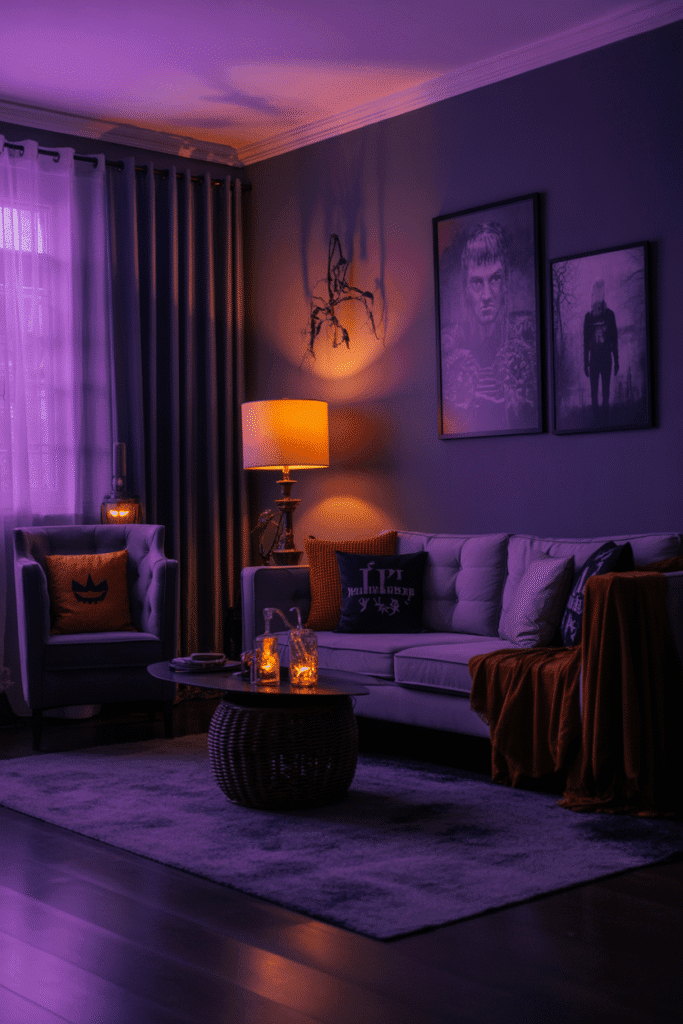 Halloween living room with colorful orange and purple lighting.