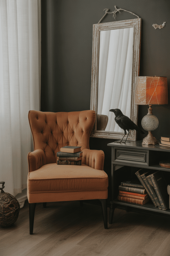 Haunted Halloween-themed living room corner styled with spooky props.