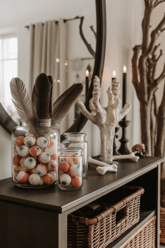 Halloween jars and creepy contents styled on a living room console.