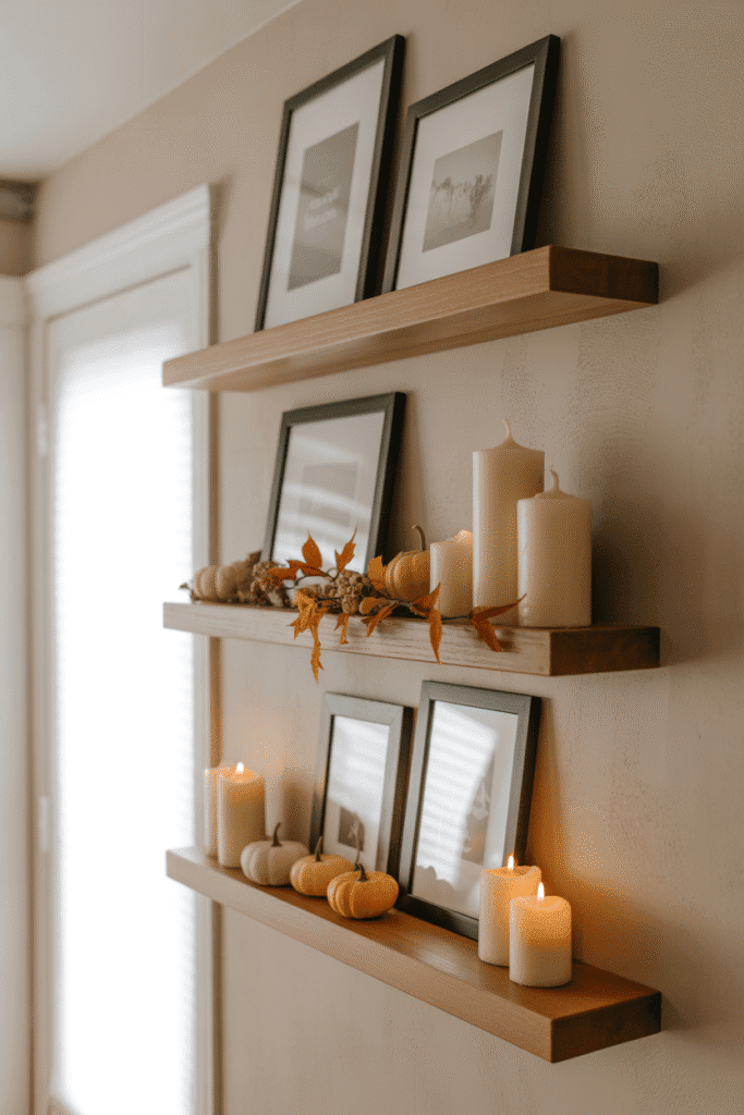 Floating shelves add dimension and decor layering to a minimalist entryway accent wall.