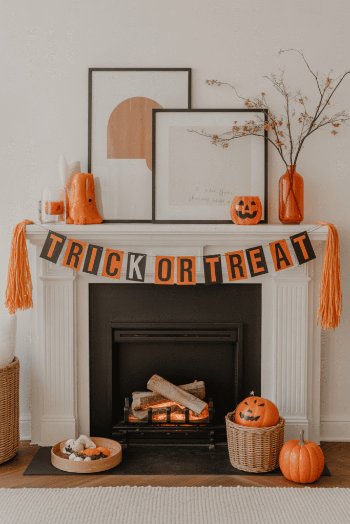 Halloween fireplace garland and banner decorating a living room wall.