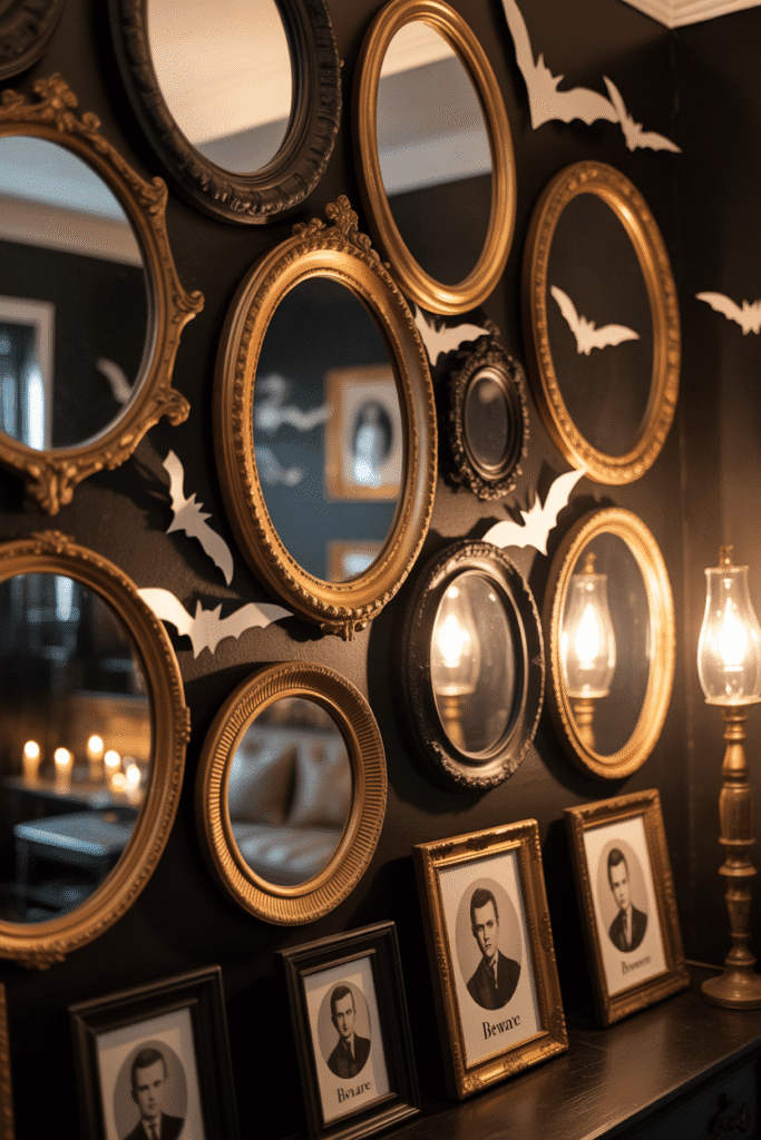 Halloween living room wall gallery with gothic mirrors and haunted art.