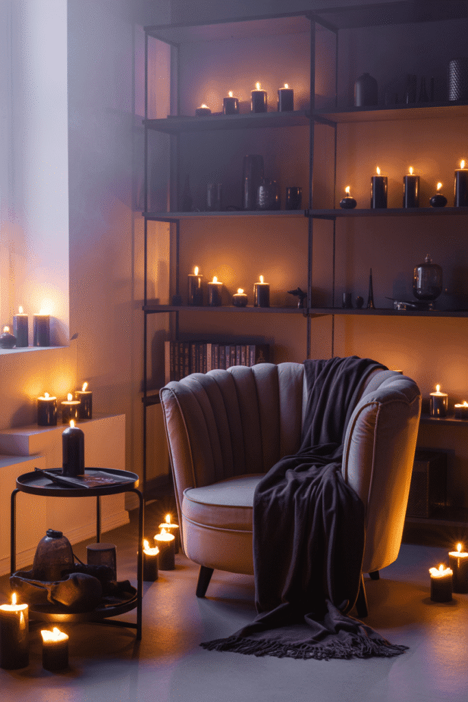 Candle-lit Halloween living room with moody and cozy atmosphere.