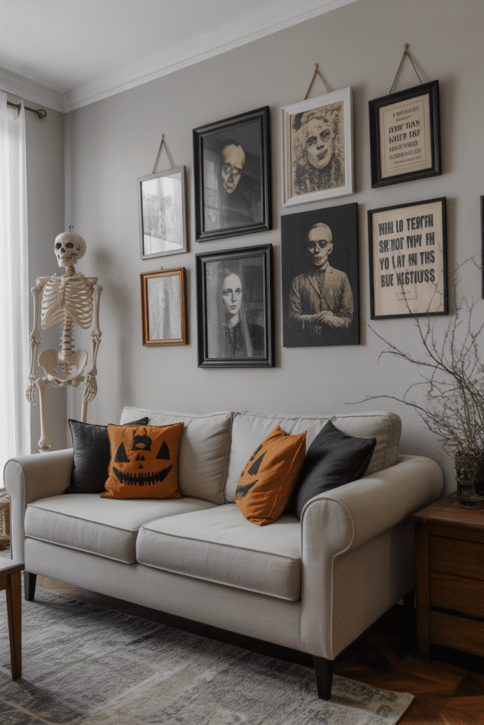 Halloween gallery wall in the living room with spooky framed artwork.