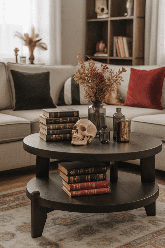 Vintage books styled as part of Halloween living room decor.