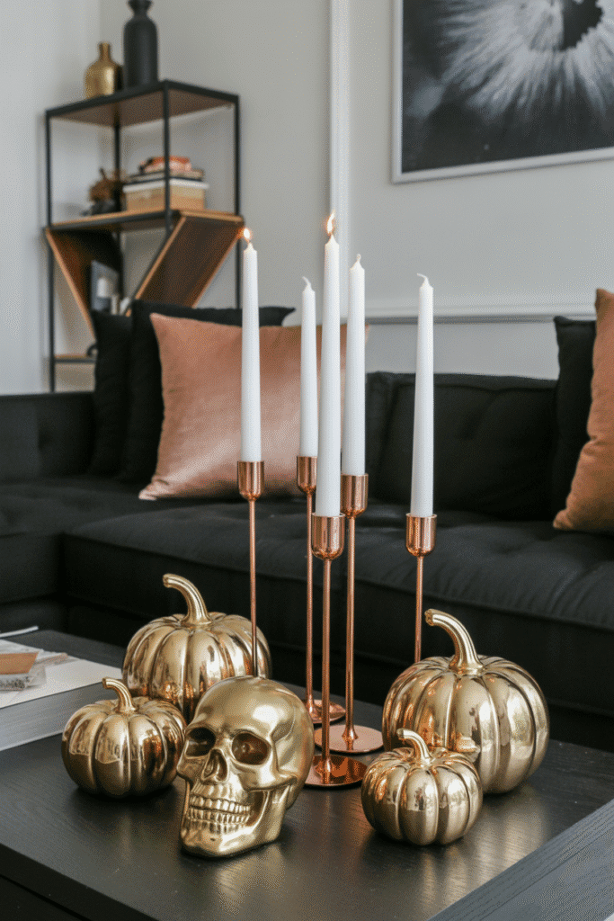 Halloween living room with glam metallic accents in copper and gold.