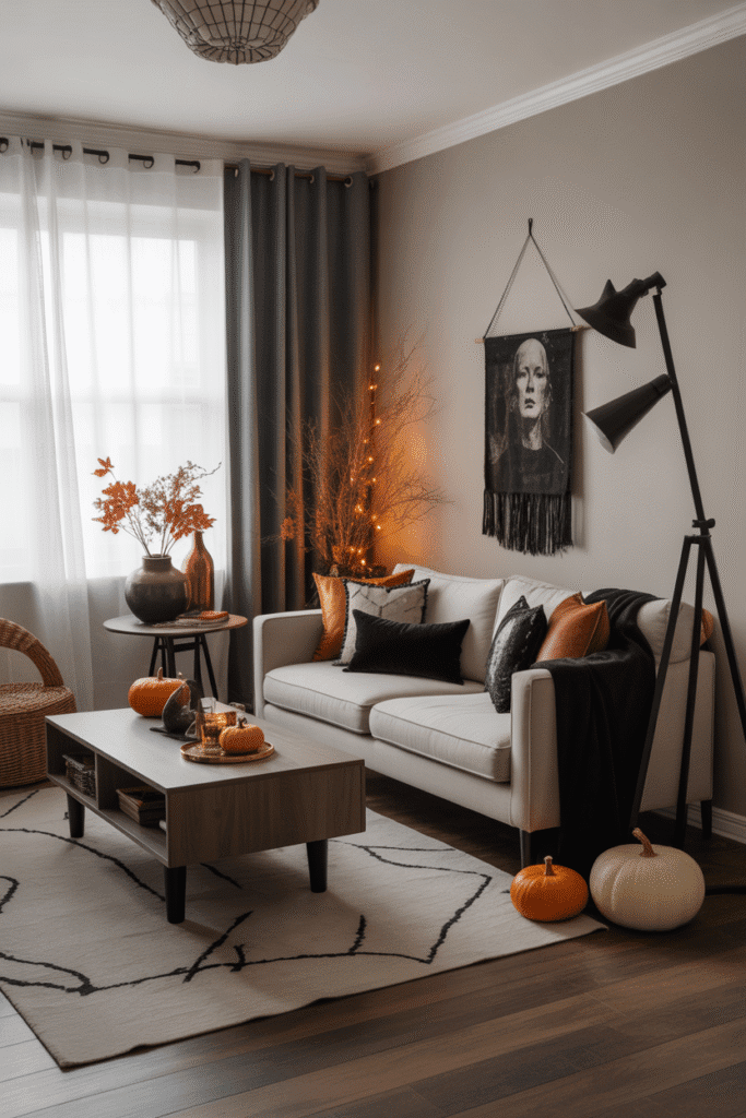 Halloween living room styled with personalized spooky-chic decor.