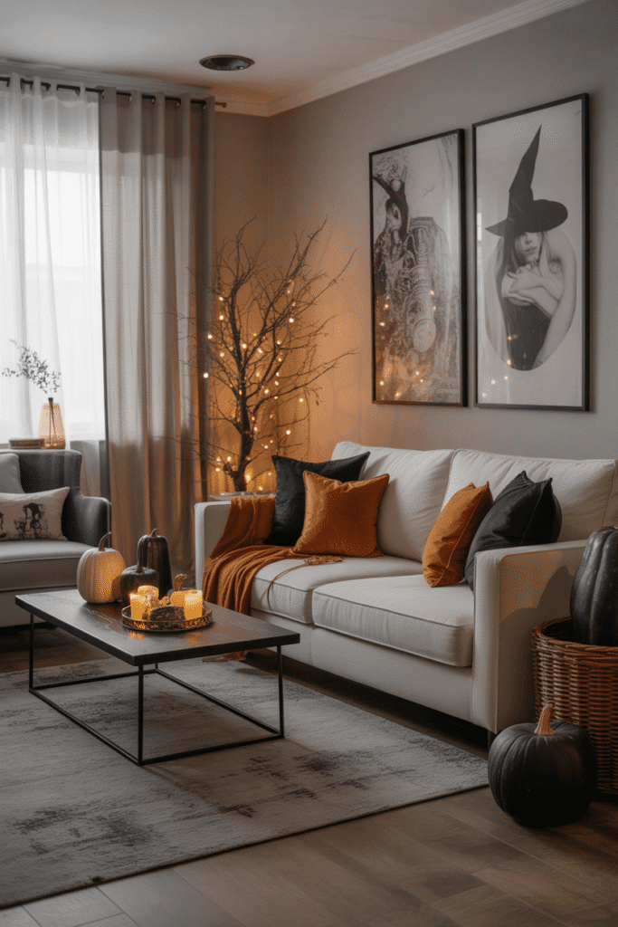 Halloween living room styled with personalized spooky-chic decor.