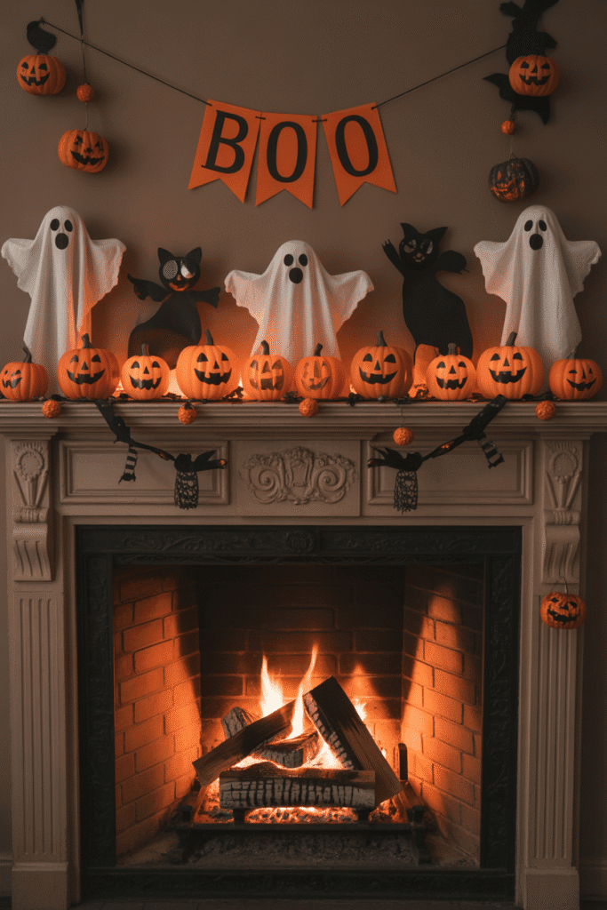 As a part of Halloween fireplace decorthis picture shows fireplace mantle with ghosts and spooky carved pumpkins for halloween.