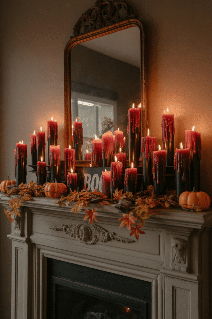 Halloween fireplace mantel with black candlesticks and glowing flickering candles for a haunted look
