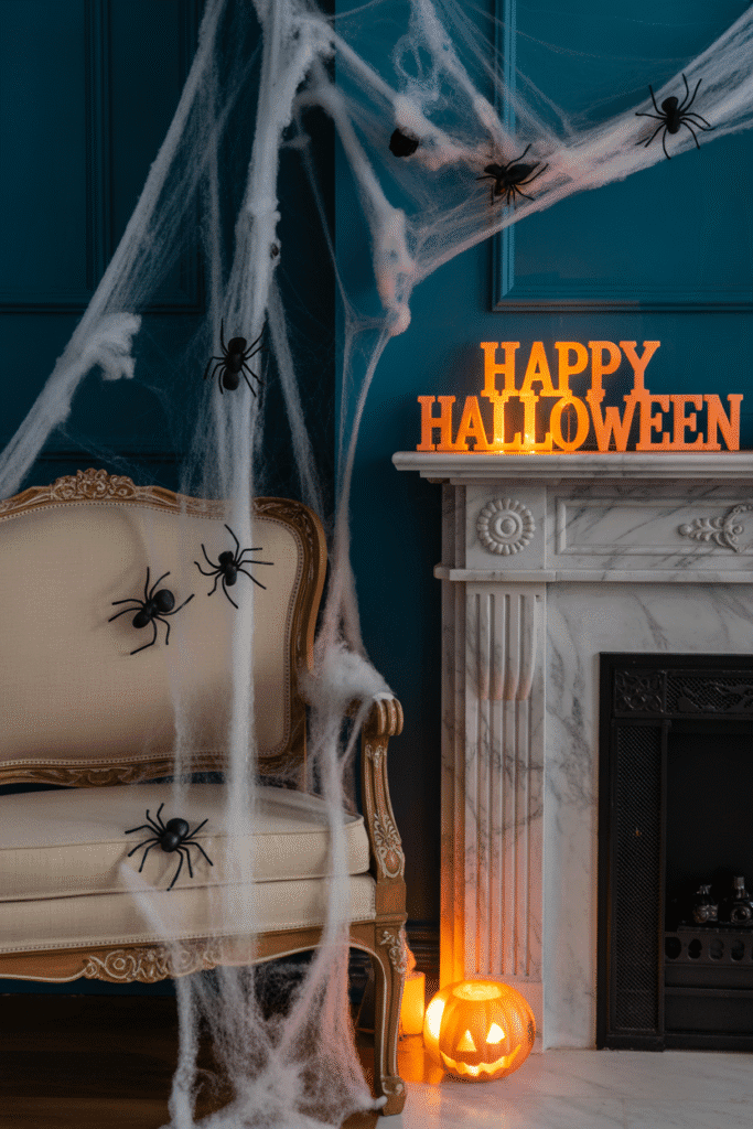 As a part of Halloween living room decor this picture shows a living room decorated with spider webs.