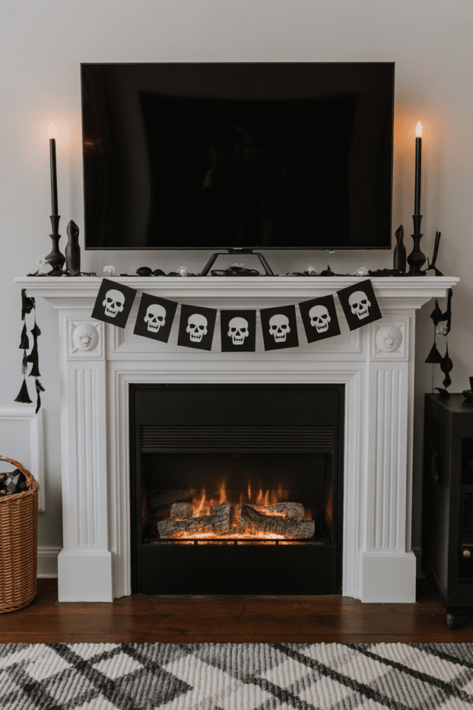 Halloween fireplace decor with skulls garland.