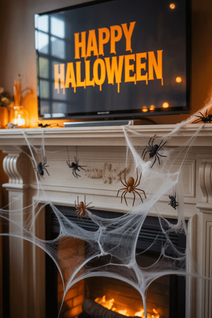 Spiderweb-covered Halloween fireplace mantel with spooky draped effect