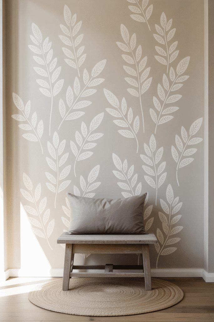 Subtle hand-painted stencil design adds character to a minimalist entryway wall.