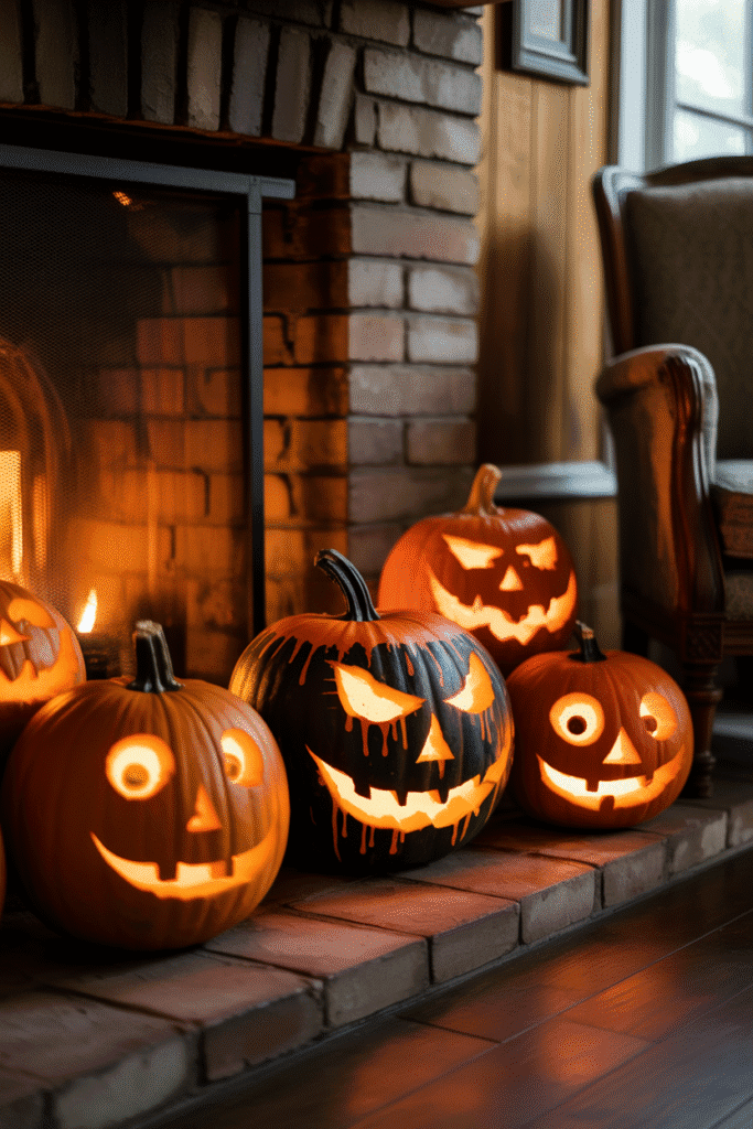 Halloween fireplace hearth decorated with glowing jack-o'-lanterns