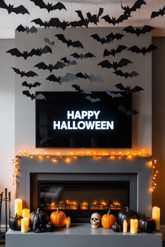 Floating bats flying above a spooky Halloween fireplace setup