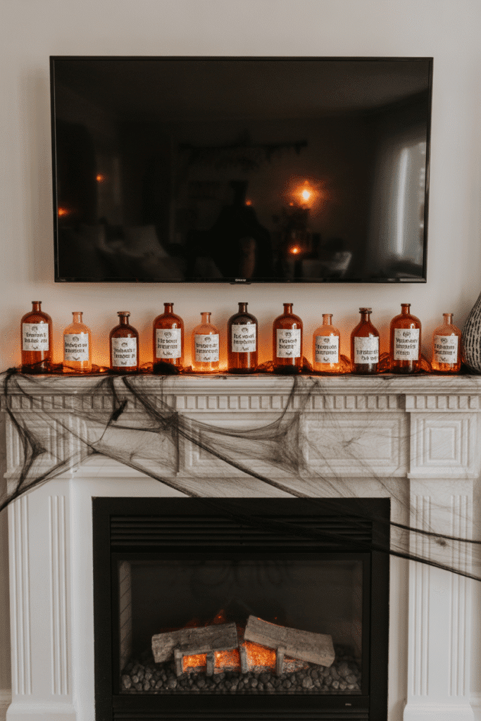 Halloween mantle with potion bottles and creepy poison labels