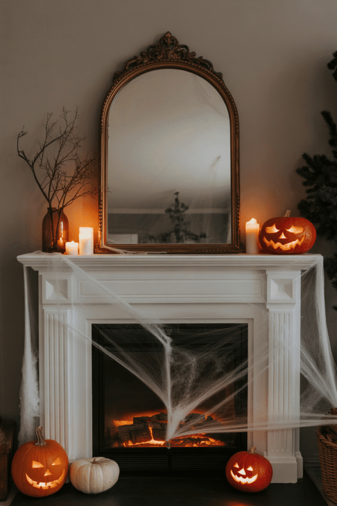 Haunted mirror above Halloween fireplace with spooky fog effect