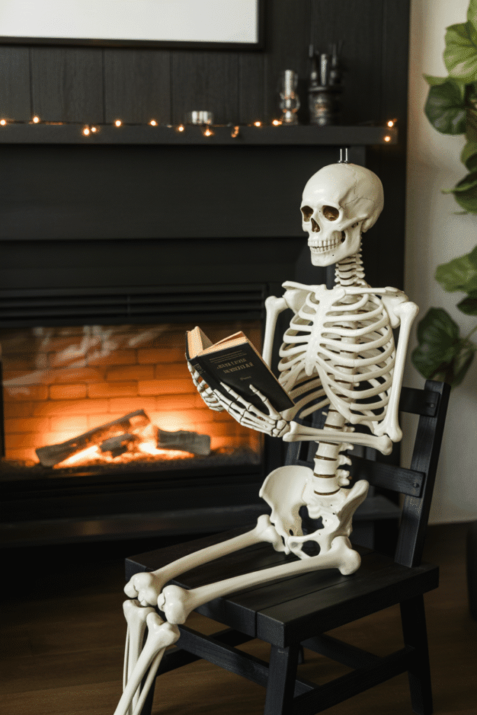 Skeleton sitting near the fireplace in Halloween decor setup