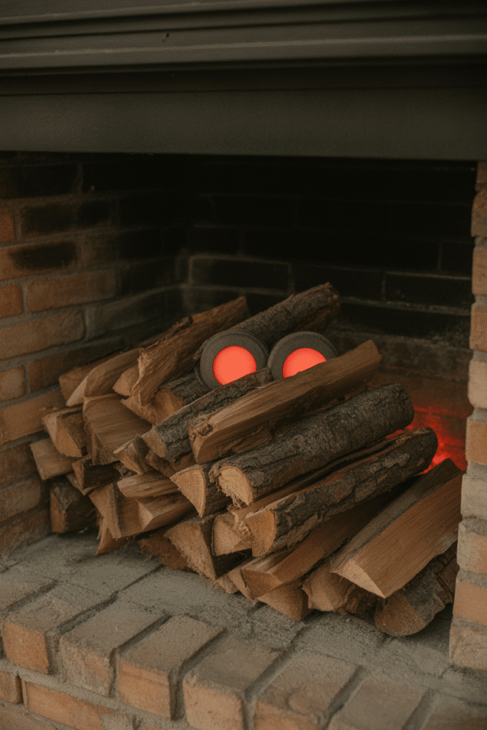 Halloween fireplace with spooky glowing eyes hidden in the firewood