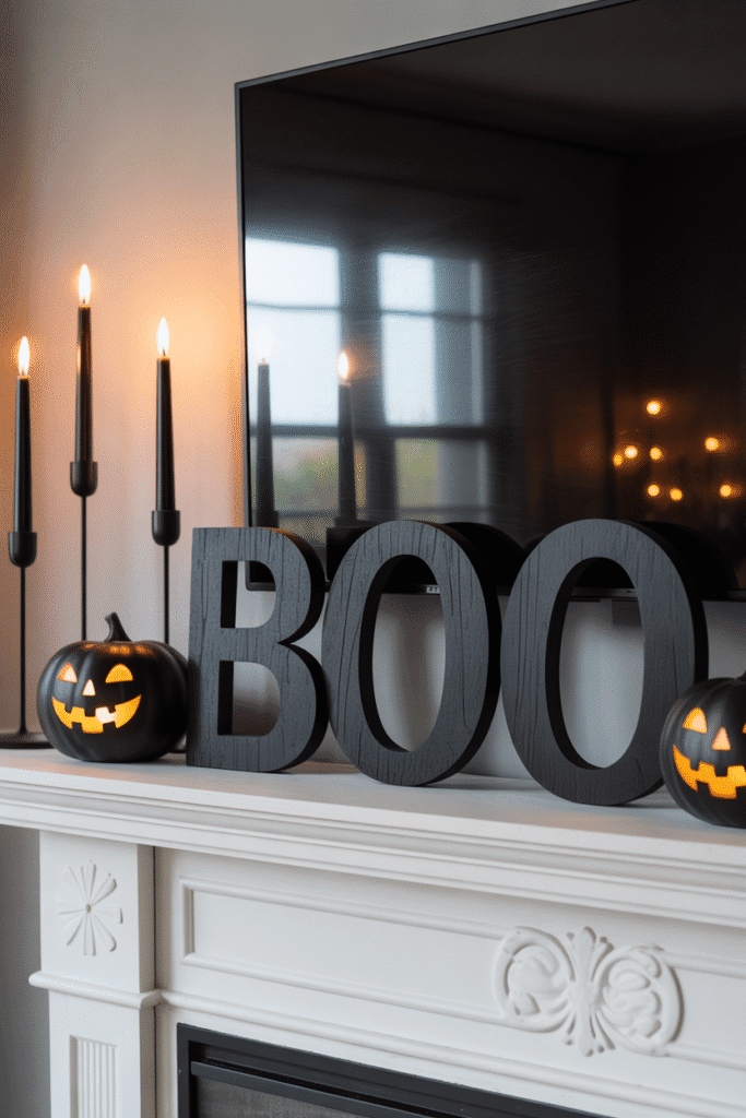 Halloween fireplace mantel with BOO sign and festive pumpkins